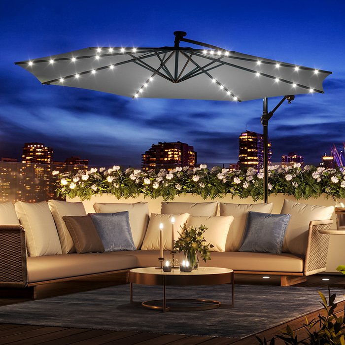 The Range | Livingandhome 32 Solar Lights Parasol Garden Umbrella with Cross Base - Dark Grey Livingandhome 32 Solar Lights Parasol Garden Umbrella with Cross Base - Dark Grey
