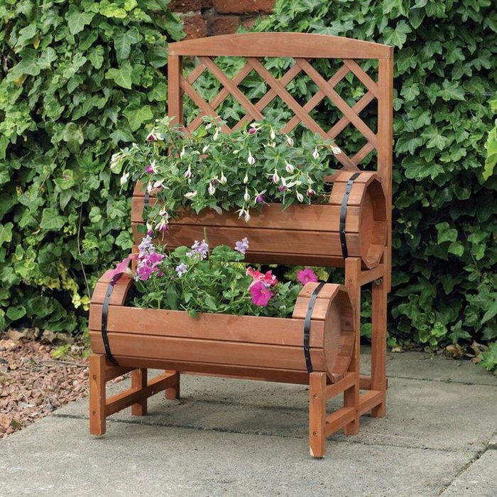 The Range | Samuel Alexander Stained Wooden Two Tiered Designed Barrel Decorative Garden Planter - Yellow Samuel Alexander Stained Wooden Two Tiered Designed Barrel Decorative Garden Planter - Yellow