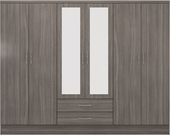 The Range | Seconique Nevada 6 Door 2 Drawer Mirrored Wardrobe - Black Wood Grain Seconique Nevada 6 Door 2 Drawer Mirrored Wardrobe - Black Wood Grain