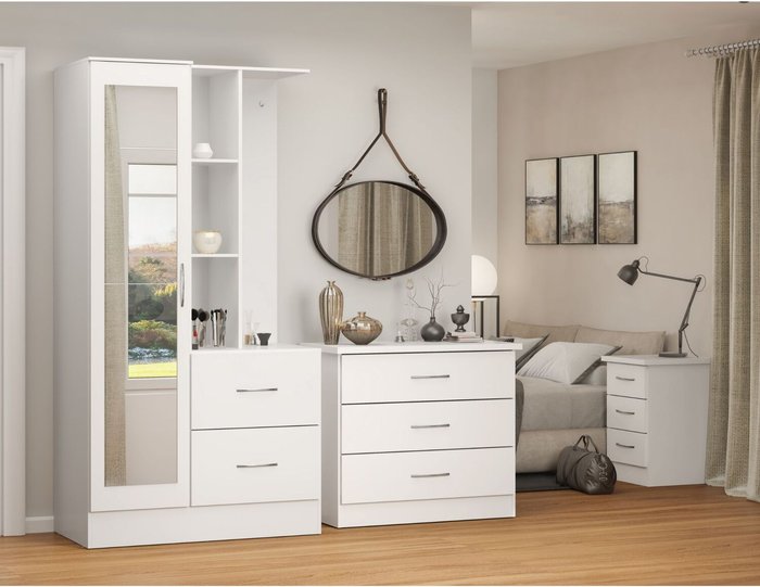 The Range | Seconique Nevada Mirrored Open Shelf Wardrobe - White Gloss / White Gloss Seconique Nevada Mirrored Open Shelf Wardrobe - White Gloss / White Gloss