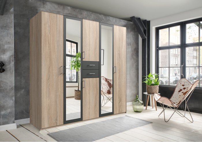The Range | Tjs Diver Oak with Graphite 6 Door Wardrobe - Oak and Graphite Tjs Diver Oak with Graphite 6 Door Wardrobe - Oak and Graphite