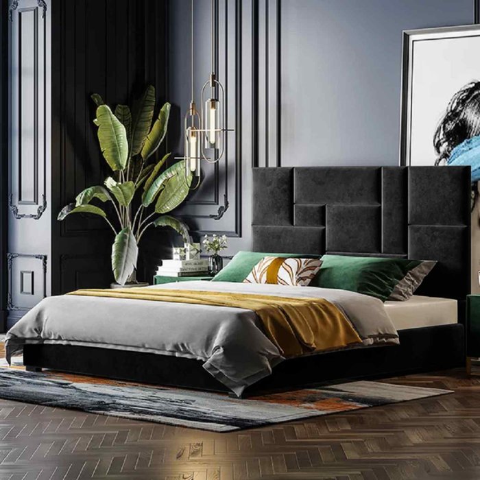 The Range | Conmo Bed Double Plush Velvet Black Conmo Bed Double Plush Velvet Black