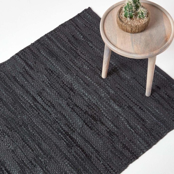 The Range | Homescapes Denver Leather Woven Rug Runner - Black / 180cm Homescapes Denver Leather Woven Rug Runner - Black / 180cm