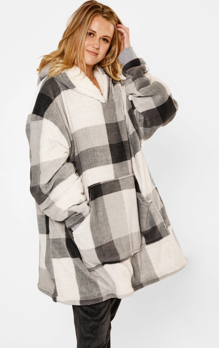 The Range | Dreamscene Dreamscene Check Oversized Hoodie Blanket - Grey White Dreamscene Dreamscene Check Oversized Hoodie Blanket - Grey White