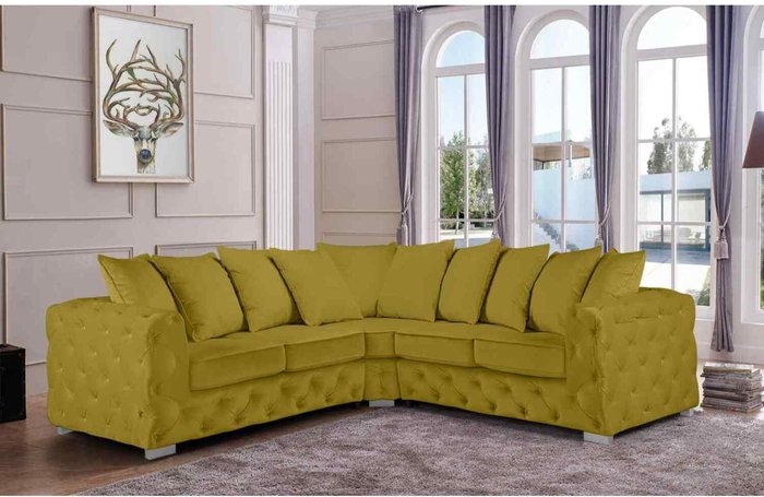 The Range | Simply Eleganza Owen Scatterback Corner Sofa in Plush Velour Velvet - Yellow Simply Eleganza Owen Scatterback Corner Sofa in Plush Velour Velvet - Yellow