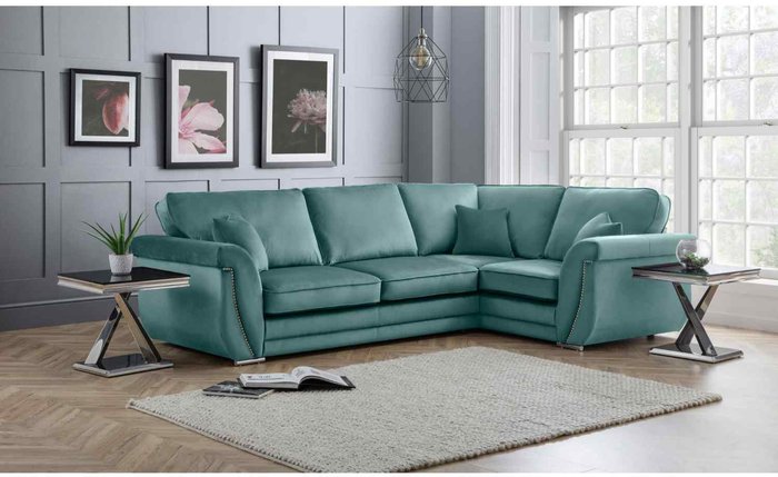 The Range | Simply Eleganza Luca Full Back L Shape Right Hand Corner Sofa Velvet Beading - Turquoise Simply Eleganza Luca Full Back L Shape Right Hand Corner Sofa Velvet Beading - Turquoise