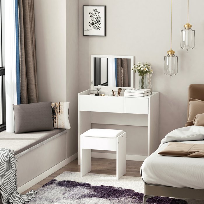 The Range | HOMCOM Dressing Table Set With Mirror - White HOMCOM Dressing Table Set With Mirror - White