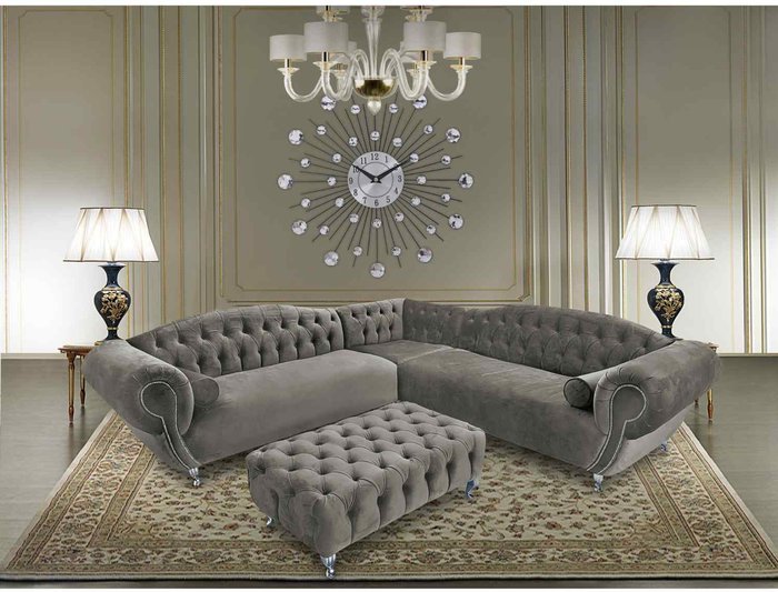 The Range | Simply Eleganza Lavis Corner Sofa with Footstool in Velour Fabric - Grey Simply Eleganza Lavis Corner Sofa with Footstool in Velour Fabric - Grey