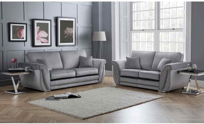 The Range | Simply Eleganza Luca 3 and 2 Seater Full Back Sofa Set Velvet with Beading - Silver Simply Eleganza Luca 3 and 2 Seater Full Back Sofa Set Velvet with Beading - Silver