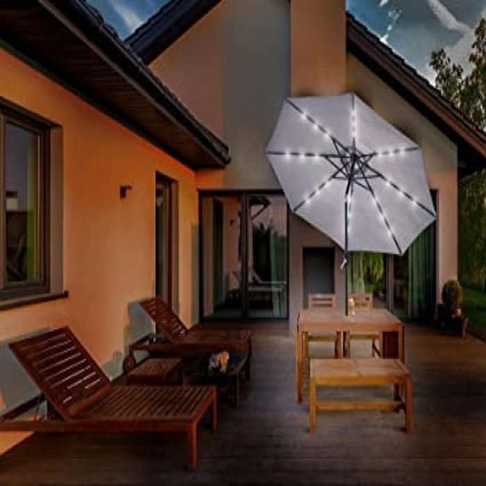 The Range | GlamHaus Glamhaus Garden Tilting Table Parasol For Outdoors With Solar Lights - Light Grey GlamHaus Glamhaus Garden Tilting Table Parasol For Outdoors With Solar Lights - Light Grey