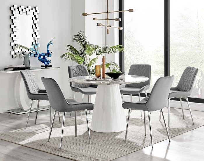 The Range | FurnitureboxUK Palma White Marble Effect Round Dining Table Pesaro Silver Chairs - Grey / Dining Table & 6 Chairs FurnitureboxUK Palma White Marble Effect Round Dining Table Pesaro Silver Chairs - Grey / Dining Table & 6 Chairs