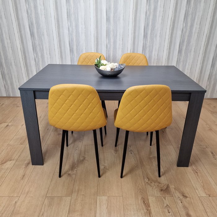 The Range | Kosy Koala Grey Dining Table and 4 Mustard Stitched Chairs Kitchen Dining Set - Charcoal Kosy Koala Grey Dining Table and 4 Mustard Stitched Chairs Kitchen Dining Set - Charcoal