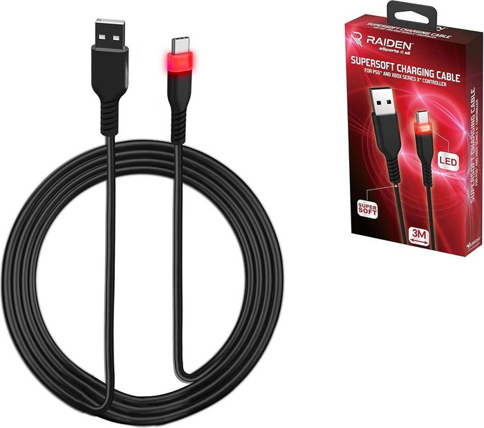 The Range | Raiden Raiden USB C 3m Charging & Transfer Cable with Supersoft Anti Knot Cable & LED Backlight For PS5 Controller - Black Raiden Raiden USB C 3m Charging & Transfer Cable with Supersoft Anti Knot Cable & LED Backlight For PS5 Controller - Black
