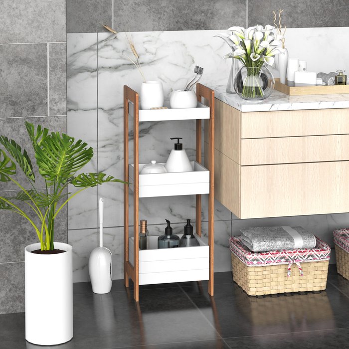 The Range | HOMCOM 3-Tier Shelf Storage Bamboo Cupboard - White, Bamboo colour HOMCOM 3-Tier Shelf Storage Bamboo Cupboard - White, Bamboo colour
