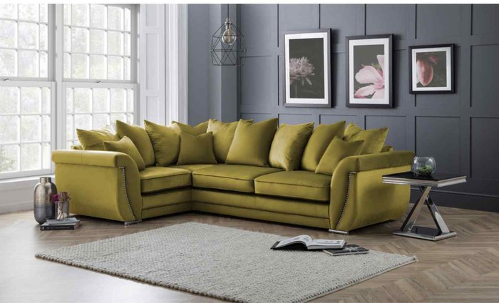 The Range | Simply Eleganza Luca Scatterback L Shape Left Hand Corner Sofa Velour Velvet Fabric with Beading - Yellow Simply Eleganza Luca Scatterback L Shape Left Hand Corner Sofa Velour Velvet Fabric with Beading - Yellow