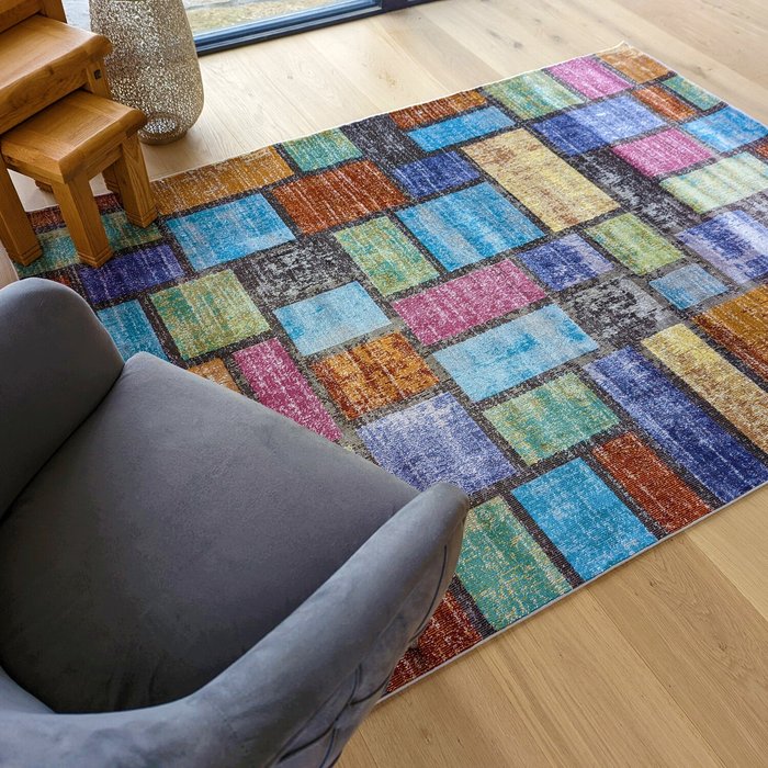 The Range | The Rug Wholesaler Multicoloured Patchwork Flatweave Rug - Capella - Blue / 150cm The Rug Wholesaler Multicoloured Patchwork Flatweave Rug - Capella - Blue / 150cm