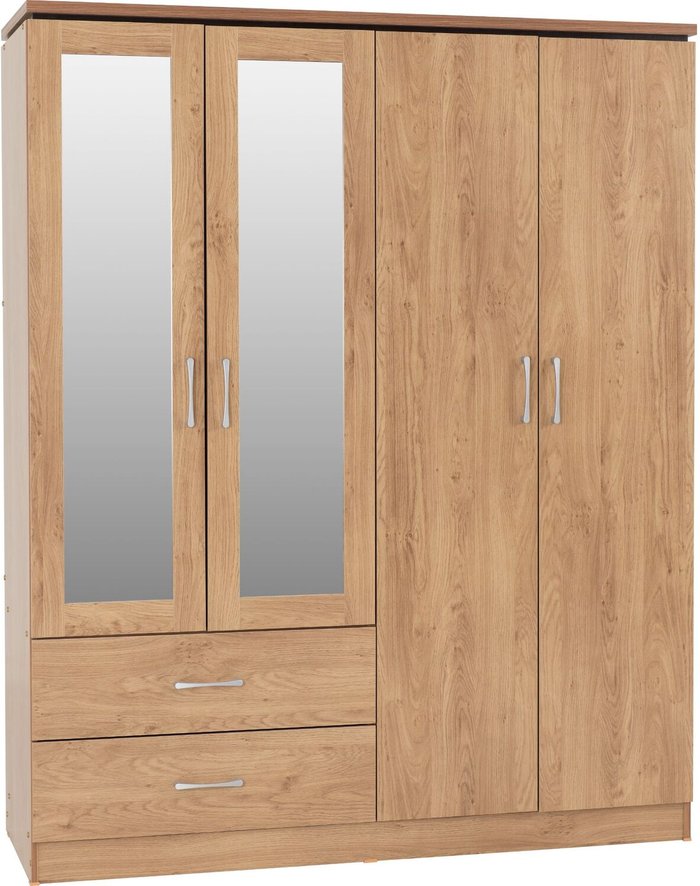 The Range | SECONIQUE Charles 4 Door 2 Drawer Combi Wardrobe Oak Veneer & Walnut Trim - Seconique SECONIQUE Charles 4 Door 2 Drawer Combi Wardrobe Oak Veneer & Walnut Trim - Seconique