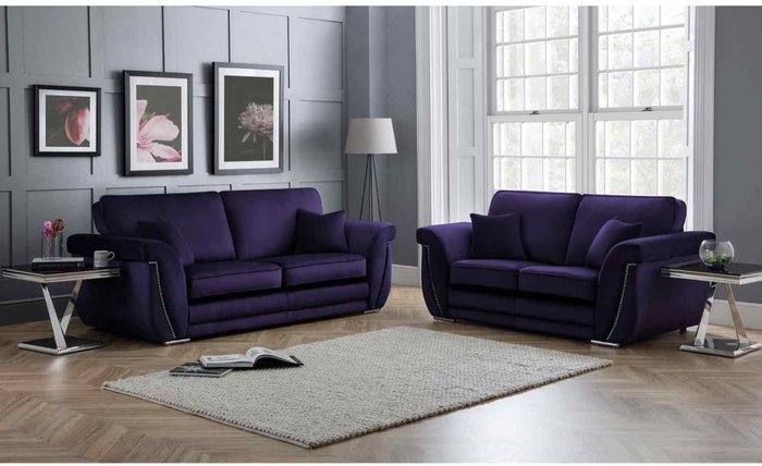 The Range | Simply Eleganza Luca 3 and 2 Seater Full Back Sofa Set Velvet with Beading - Ameythst Simply Eleganza Luca 3 and 2 Seater Full Back Sofa Set Velvet with Beading - Ameythst