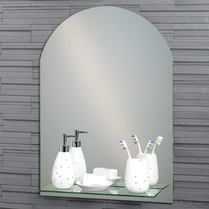 The Range | Showerdrape Arched Frameless Bathroom Mirror with Glass Vanity Shelf - Silver Showerdrape Arched Frameless Bathroom Mirror with Glass Vanity Shelf - Silver