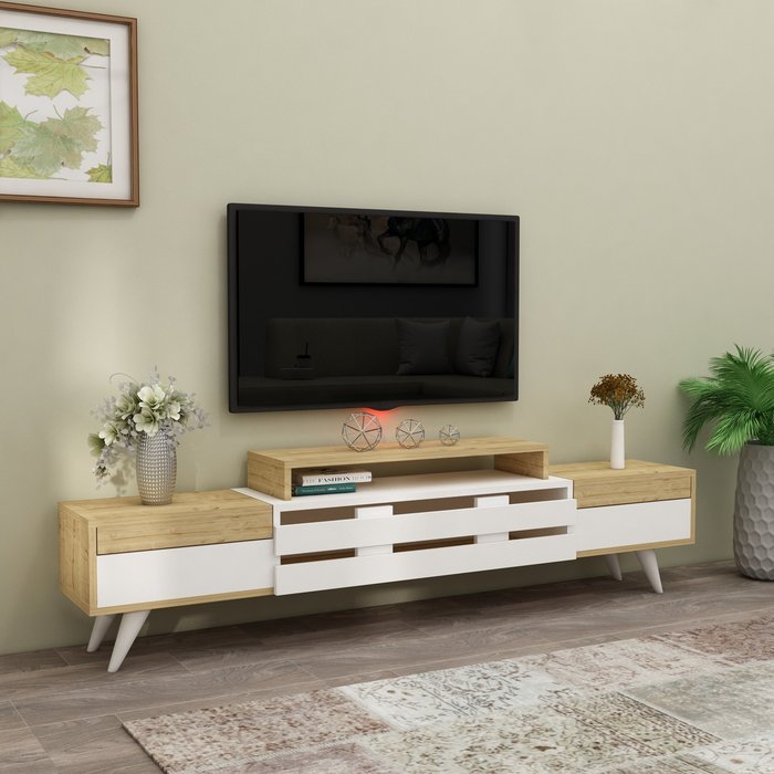 The Range | Destina Home Ponda TV Stand and Media Console - White - Sapphire Oak Destina Home Ponda TV Stand and Media Console - White - Sapphire Oak