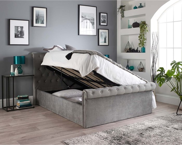 The Range | Aspire Aspire Chesterfield Ottoman Bed Grey Velvet Small Double Aspire Aspire Chesterfield Ottoman Bed Grey Velvet Small Double