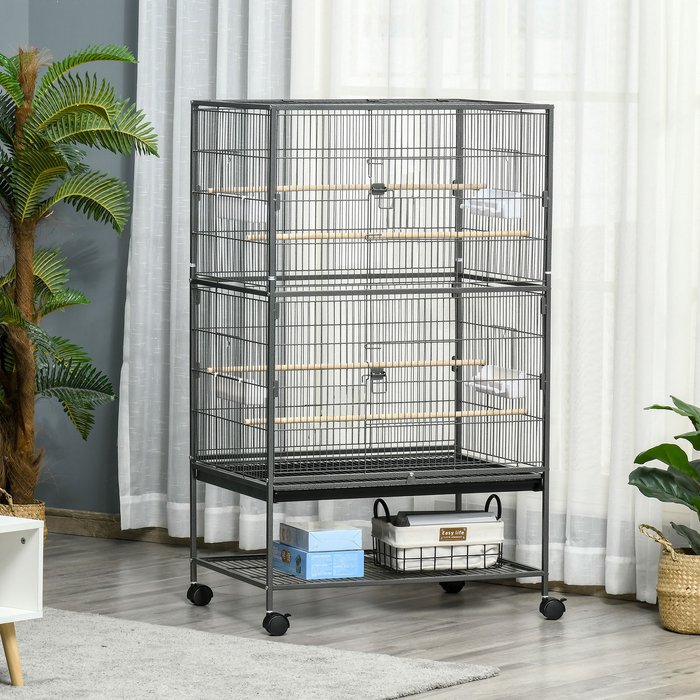 The Range | PawHut Large Bird Cage with Rolling Stand, Slide-out Tray, Storage Shelf - Dark Grey PawHut Large Bird Cage with Rolling Stand, Slide-out Tray, Storage Shelf - Dark Grey