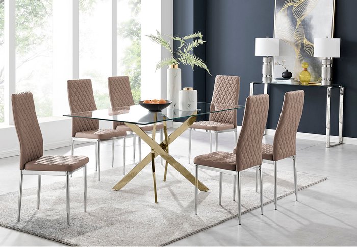 The Range | FurnitureboxUK Leonardo Gold Dining Table With Six Milan Chairs - Cappuccino FurnitureboxUK Leonardo Gold Dining Table With Six Milan Chairs - Cappuccino