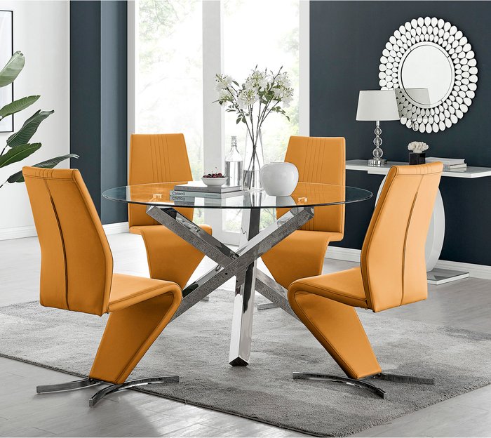 The Range | FurnitureboxUK Vogue Round Dining Table 4 Willow Dining Chairs Set - Mustard FurnitureboxUK Vogue Round Dining Table 4 Willow Dining Chairs Set - Mustard