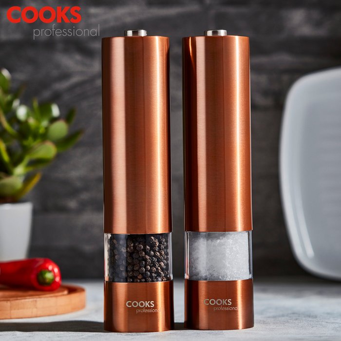 The Range | Cooks Professional Electric Stainless Steel Automatic Salt and Pepper Mill Set - Copper Cooks Professional Electric Stainless Steel Automatic Salt and Pepper Mill Set - Copper