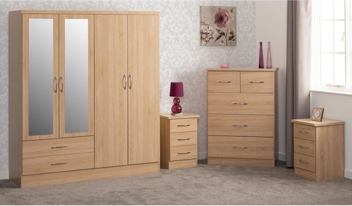 The Range | Seconique Nevada 4 Door 2 Drawer Mirrored Wardrobe Bedroom Set - Sonoma Oak Seconique Nevada 4 Door 2 Drawer Mirrored Wardrobe Bedroom Set - Sonoma Oak