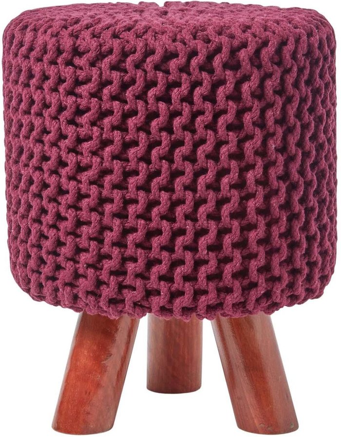 The Range | Homescapes Knitted Cotton Tall Footstool with Wooden Legs - Plum / 32cm Homescapes Knitted Cotton Tall Footstool with Wooden Legs - Plum / 32cm
