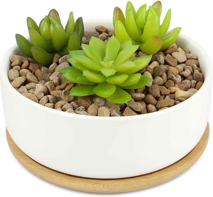 The Range | Maison & White Ceramic Planter and Bamboo Base Round - White Maison & White Ceramic Planter and Bamboo Base Round - White