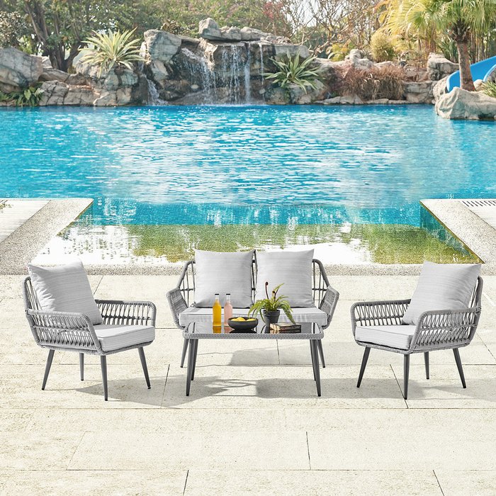 The Range | GRS Arras 4 Piece Rattan Rope Style Lounge Set - Grey GRS Arras 4 Piece Rattan Rope Style Lounge Set - Grey