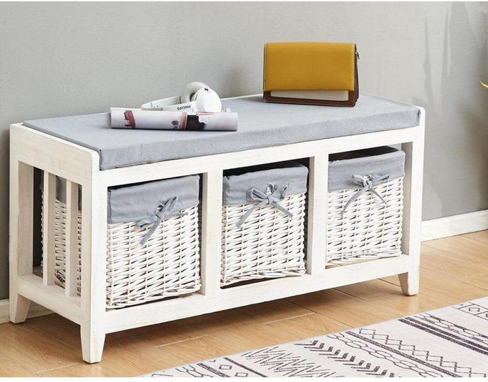 The Range | Home Source Lincoln Wicker Basket 3 Drawer Shoe Storage Bench Unit - White Home Source Lincoln Wicker Basket 3 Drawer Shoe Storage Bench Unit - White