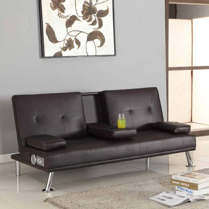 The Range | Comfy Living Black Faux Leather Bluetooth Cinema Sofa Bed with Drink Cup Holder - Black Comfy Living Black Faux Leather Bluetooth Cinema Sofa Bed with Drink Cup Holder - Black