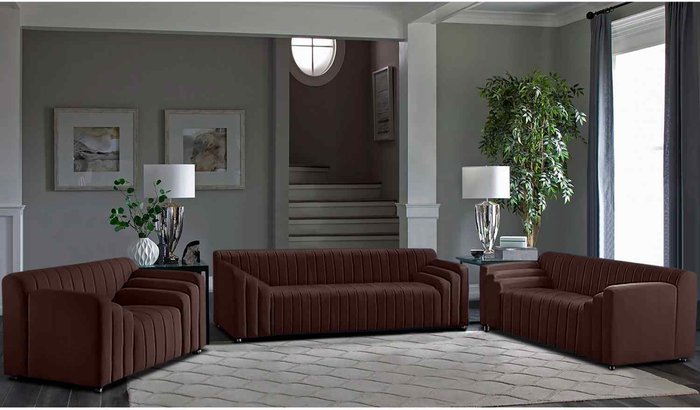 The Range | Simply Eleganza Jessica 3 Piece Flued Sofa Set in Velour Fabric - Brown Simply Eleganza Jessica 3 Piece Flued Sofa Set in Velour Fabric - Brown