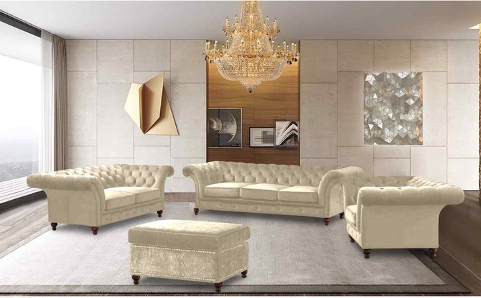 The Range | Simply Eleganza Marcus Chesterfield 4 Piece Sofa Set in Velour Fabric - White Simply Eleganza Marcus Chesterfield 4 Piece Sofa Set in Velour Fabric - White