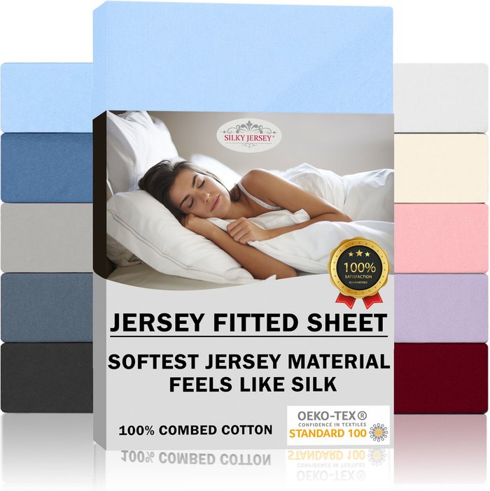 The Range | Double Jersey Silky Jersey Cotton Fitted Sheets - Sky Blue / 140x200x30 cm / Double Double Jersey Silky Jersey Cotton Fitted Sheets - Sky Blue / 140x200x30 cm / Double