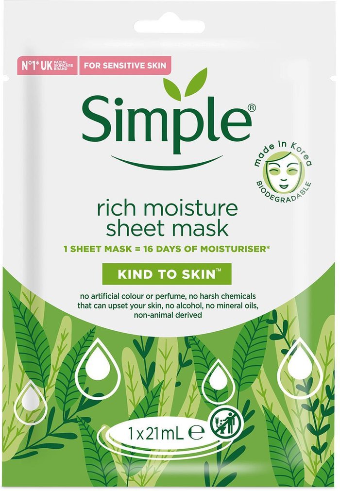 The Range | Simple Simple Kind to Skin Rich Moisture Sheet Mask for Sensitive Skin - Green / 10 Simple Simple Kind to Skin Rich Moisture Sheet Mask for Sensitive Skin - Green / 10