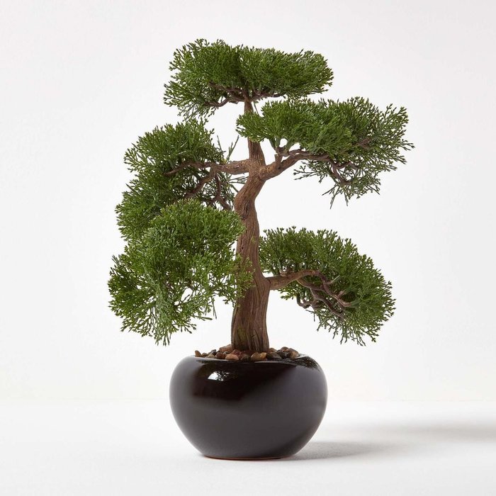 The Range | Homescapes Homescapes Artificial Bonsai Tree in Black Ceramic Pot - Green Homescapes Homescapes Artificial Bonsai Tree in Black Ceramic Pot - Green