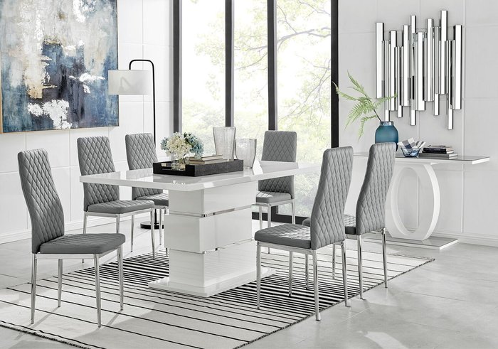 The Range | Furniturebox UK Apollo Rectangle White High Gloss Chrome Dining Table And 6 Milan Chairs - Grey Furniturebox UK Apollo Rectangle White High Gloss Chrome Dining Table And 6 Milan Chairs - Grey