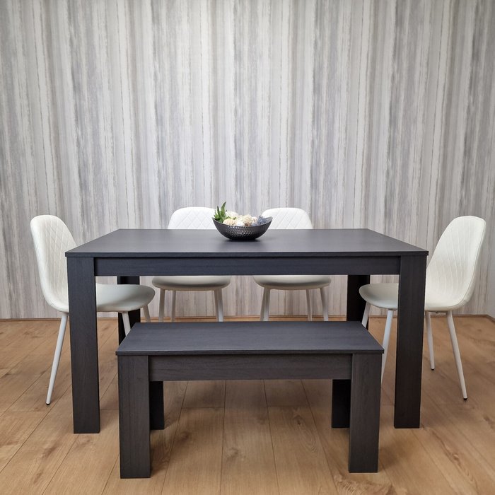 The Range | Kosy Koala Grey Dining Table 4 Stitched White Chairs and 1 Bench Dining Set - Charcoal Kosy Koala Grey Dining Table 4 Stitched White Chairs and 1 Bench Dining Set - Charcoal
