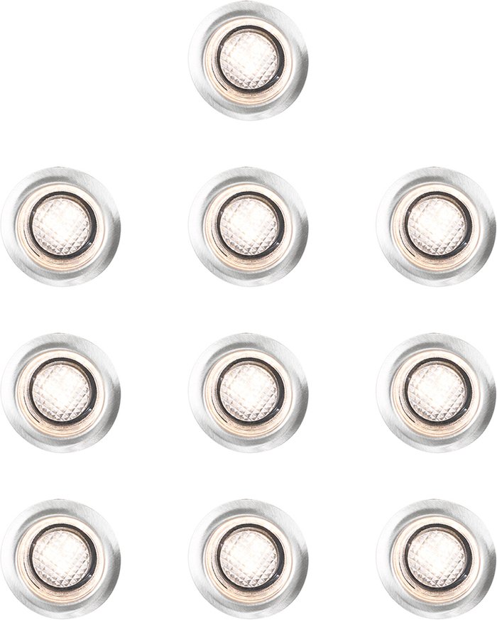 The Range | ValueLights 10 Pack IP67 Rated 40mm Warm White LED Round Decking Kitchen Plinth Lights Kit - Silver ValueLights 10 Pack IP67 Rated 40mm Warm White LED Round Decking Kitchen Plinth Lights Kit - Silver