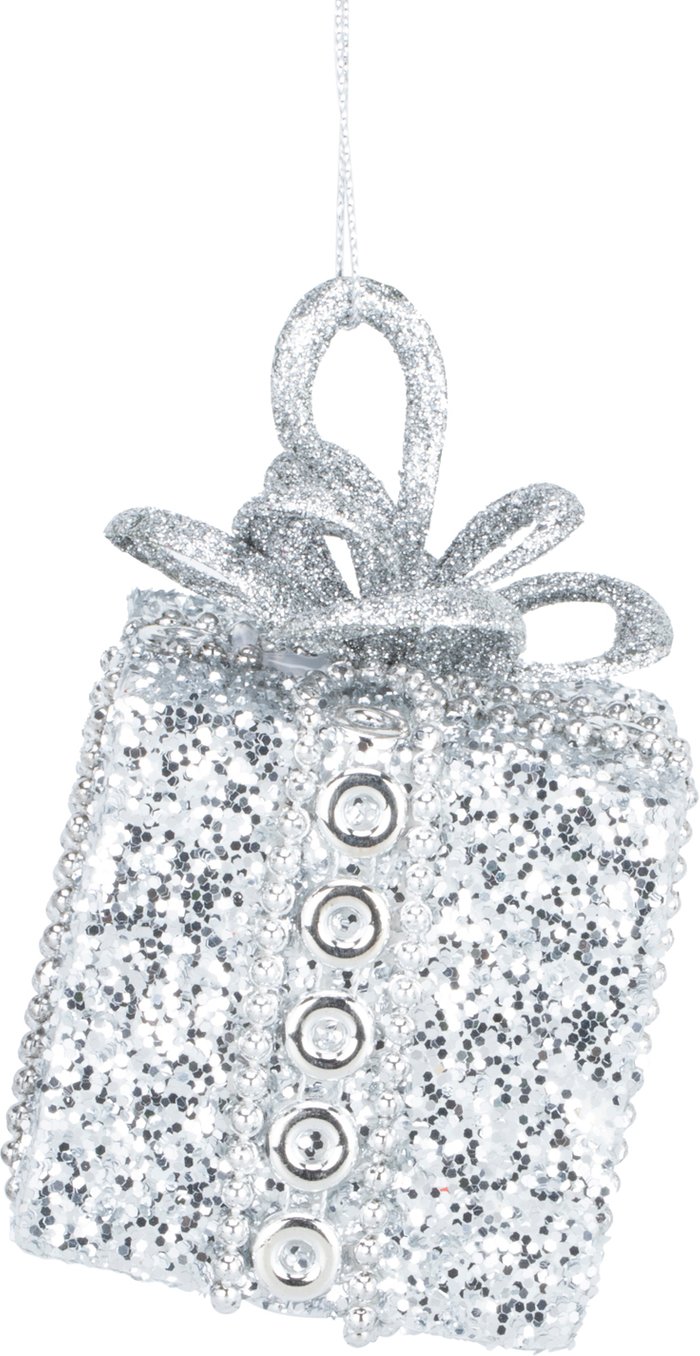The Range | Frosted Fairytale Christmas Silver Beaded Hanging Present Ornament Frosted Fairytale Christmas Silver Beaded Hanging Present Ornament