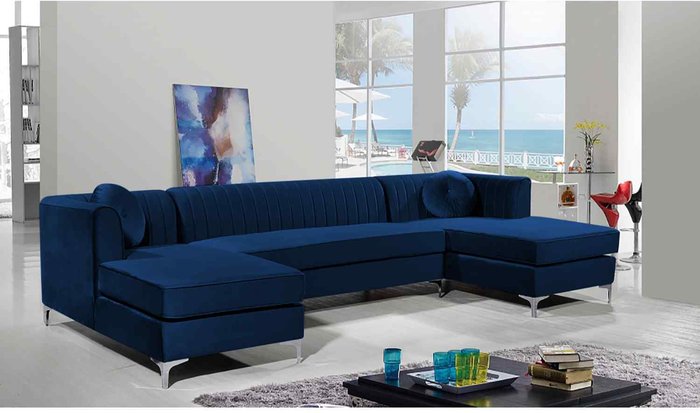 The Range | Simply Eleganza Nora Fixed Back Fluted Large U Shape Sofa - Blue Simply Eleganza Nora Fixed Back Fluted Large U Shape Sofa - Blue