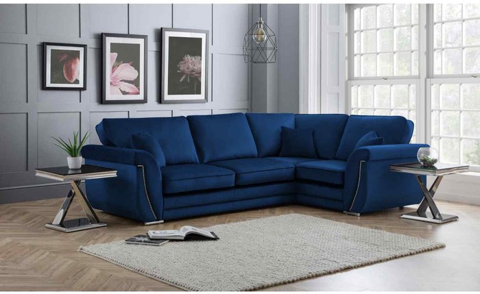 The Range | Simply Eleganza Luca Full Back L Shape Right Hand Corner Sofa Velvet Beading - Blue Simply Eleganza Luca Full Back L Shape Right Hand Corner Sofa Velvet Beading - Blue