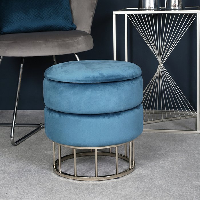 The Range | Vanity Living Velvet Round Storage Ottoman Footstool - Blue Vanity Living Velvet Round Storage Ottoman Footstool - Blue