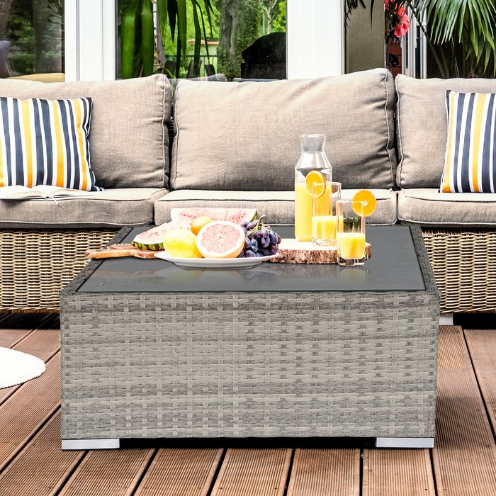 The Range | Outsunny Patio Wicker Coffee Table with Glass Top - Grey Outsunny Patio Wicker Coffee Table with Glass Top - Grey