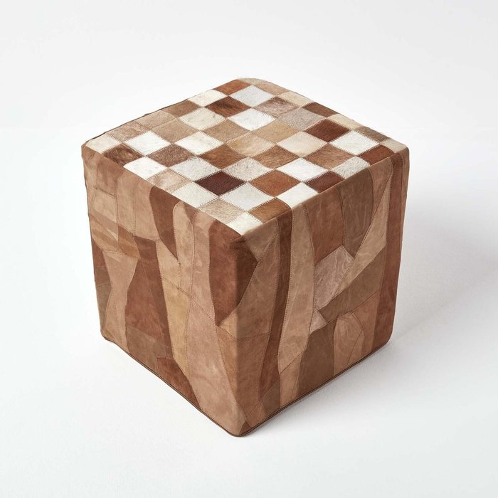 The Range | Homescapes Brown Patchwork Check Cube Pouffe Leather and Suede - Brown Homescapes Brown Patchwork Check Cube Pouffe Leather and Suede - Brown