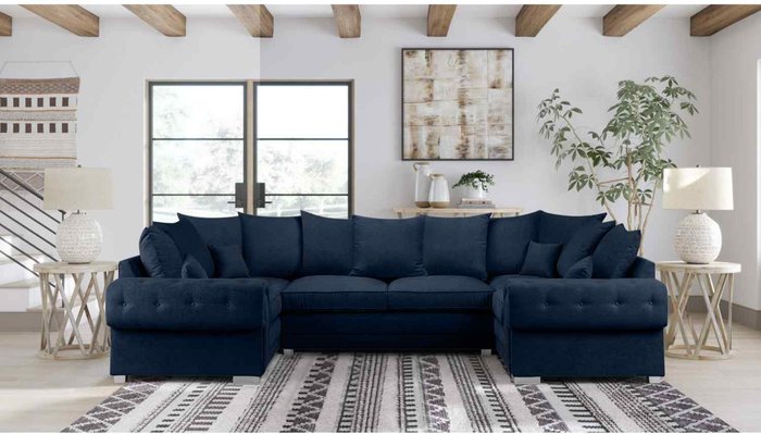 The Range | Simply Eleganza Volvo U Shape Large Sofa Scatterback Velour Velvet Fabric - Blue Simply Eleganza Volvo U Shape Large Sofa Scatterback Velour Velvet Fabric - Blue